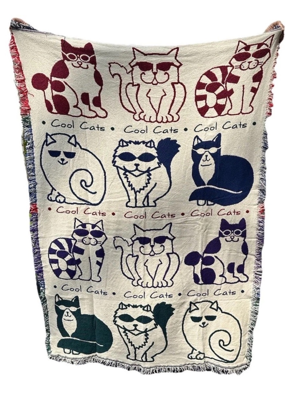 VTG JC Penney New Old Cool Cats Multi-Color Woven Throw Blanket - Pet Cat Design